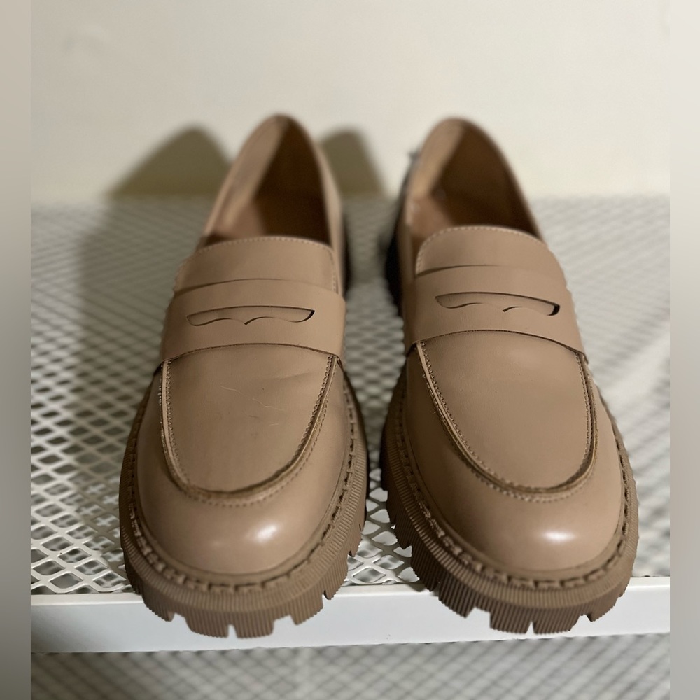 NWT Primark Faux Leather Chunky Platform Loafers Beige Size 8